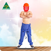 Cardboard standee of a person wearing blue pants with 'Your Head Here' placeholder, Australian Made logo visible.
